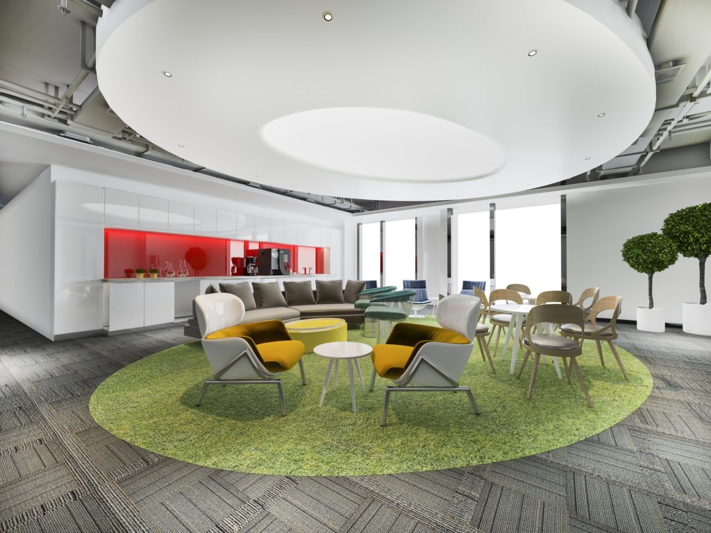 colorful business co working space and meeting and kitchen pantry on high rise office building
